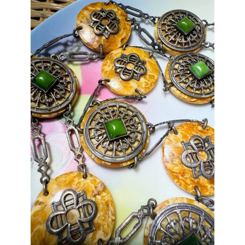 Antique 30's Celloid Circles Green Glass Silverplate women's Link Belt/Necklace - Picture 9 of 16